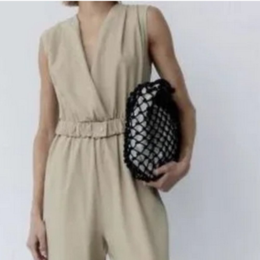 Zara Light Khaki Cotton Linen Blend Belted Seersucker Jumpsuit Size Large NWOT